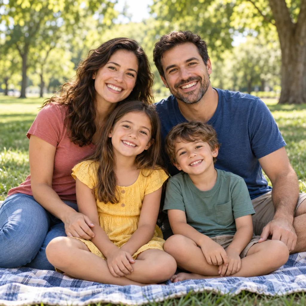 Square family portrait with two parents and two children