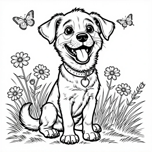 Smiling puppy coloring page from the AI coloring generator